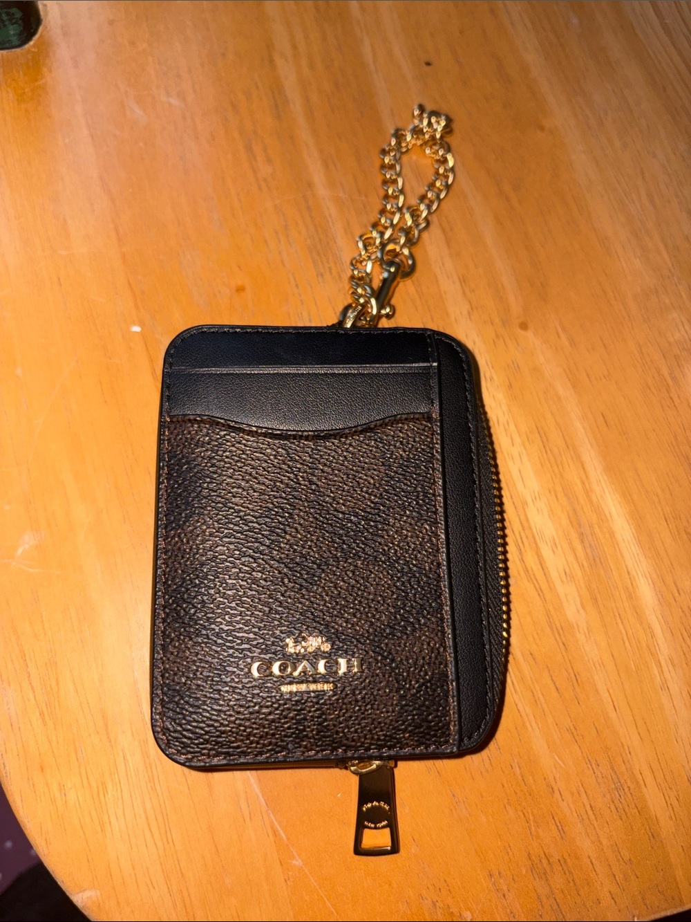Coach Black and Brown Leather Zip Card Holder with Gold Chain